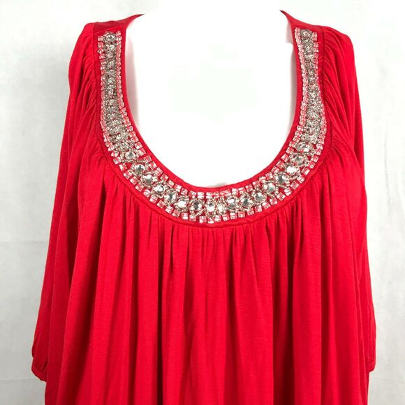 Avenue Shirt Womens Sz 22 24 Red Stretch Knit Beaded Rhinestone Neckline Tunic - Picture 3 of 11